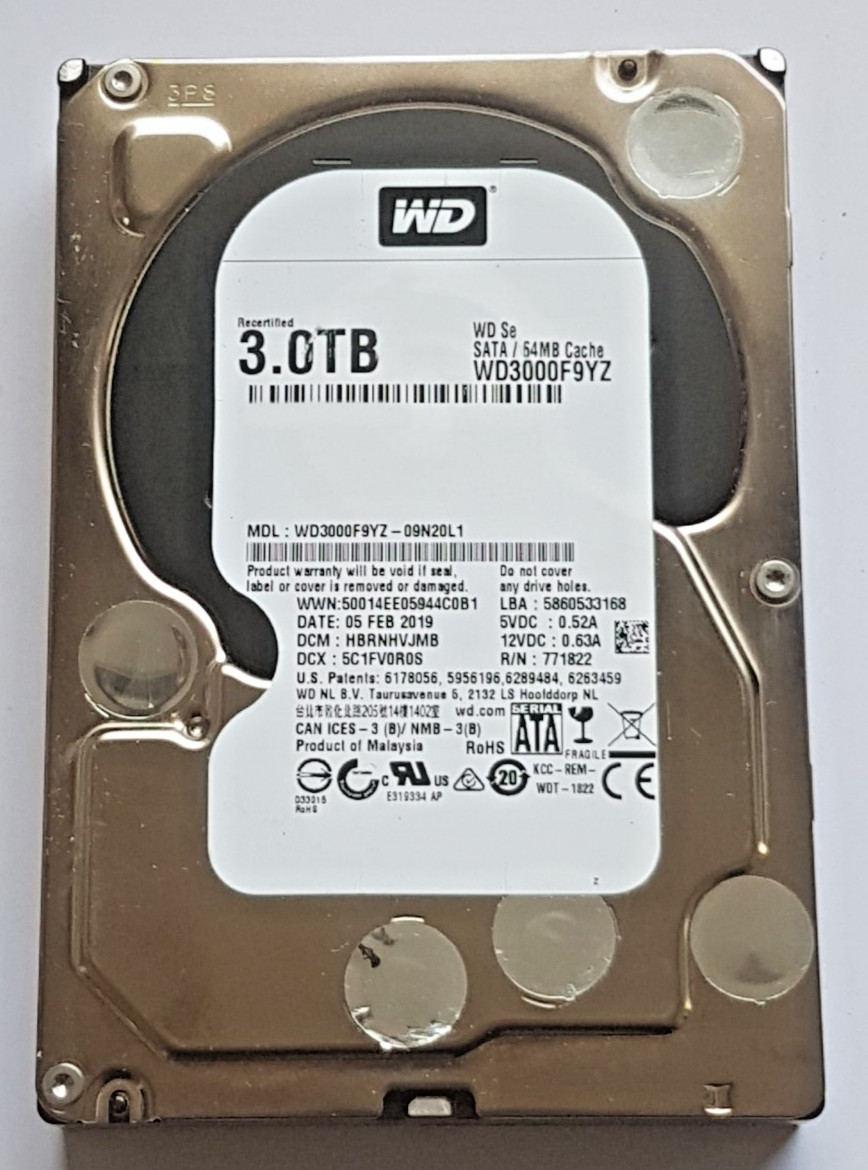 3TB SATA Western Digital WD3000F9YZ-09N20L1 7200rpm 64MB HDD 3.5" Recertified