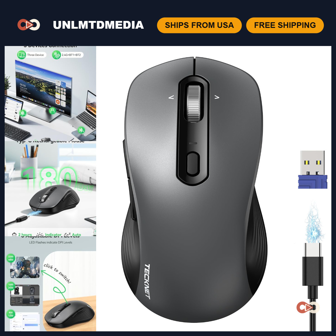 Rechargeable Wireless Bluetooth Mouse, 4-Way Scroll Wheel, Connects 3 Devices
