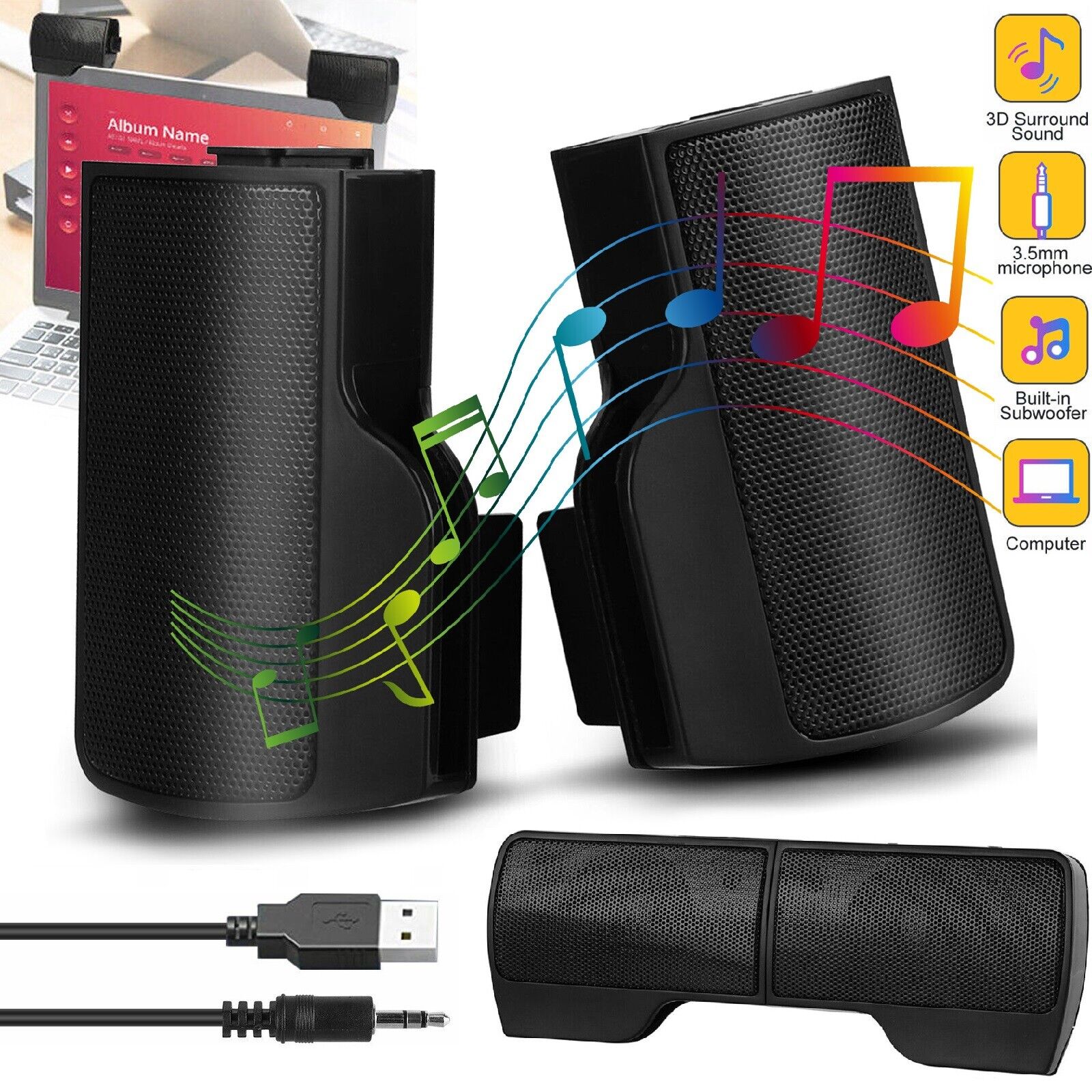 USB Wired Stereo Bass Sound Computer Speakers 3.5mm Soundbar for Desktop Laptop