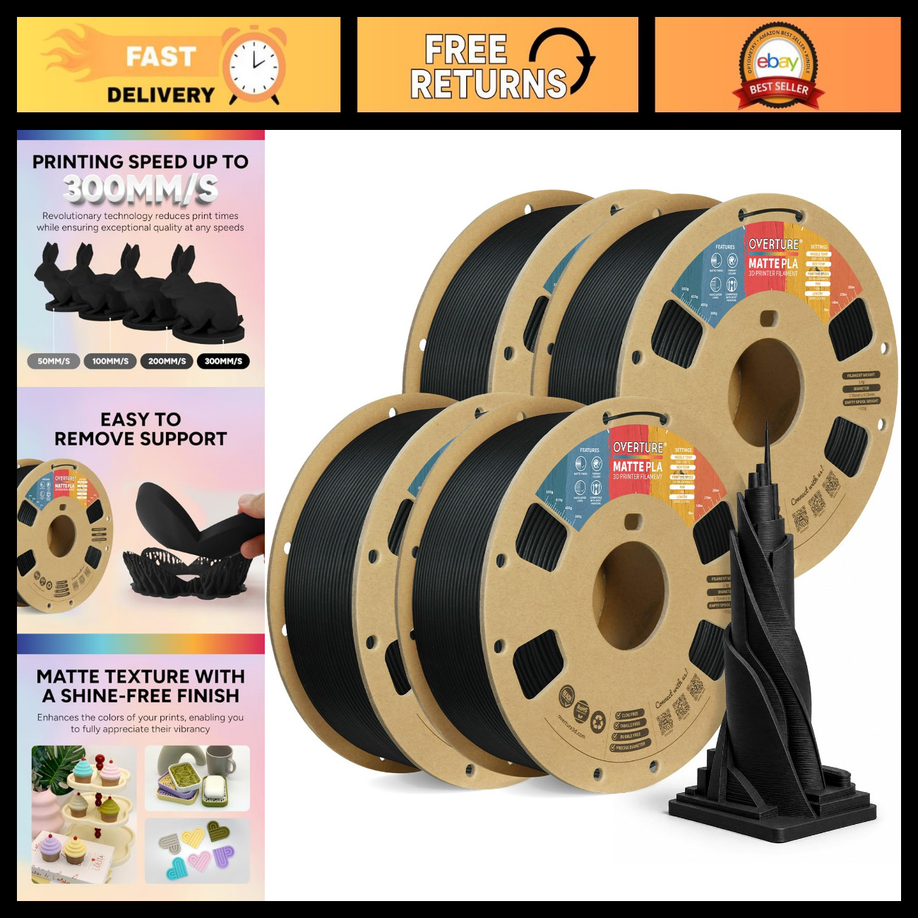 4KG Matte PLA 3D Printer Filament Bundle - Low Warp, Smooth Finish, High Quality
