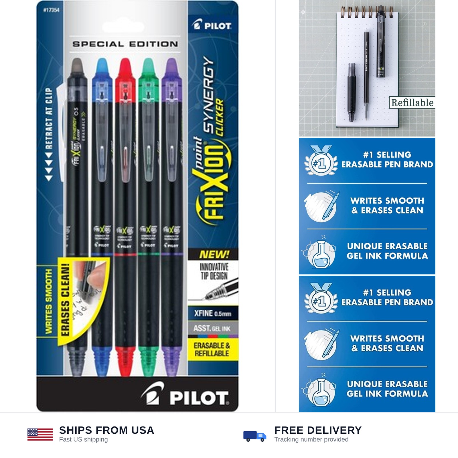 PILOT Frixion Point Synergy Clicker Retractable & Erasable Gel Ink Pens, 0.5m...
