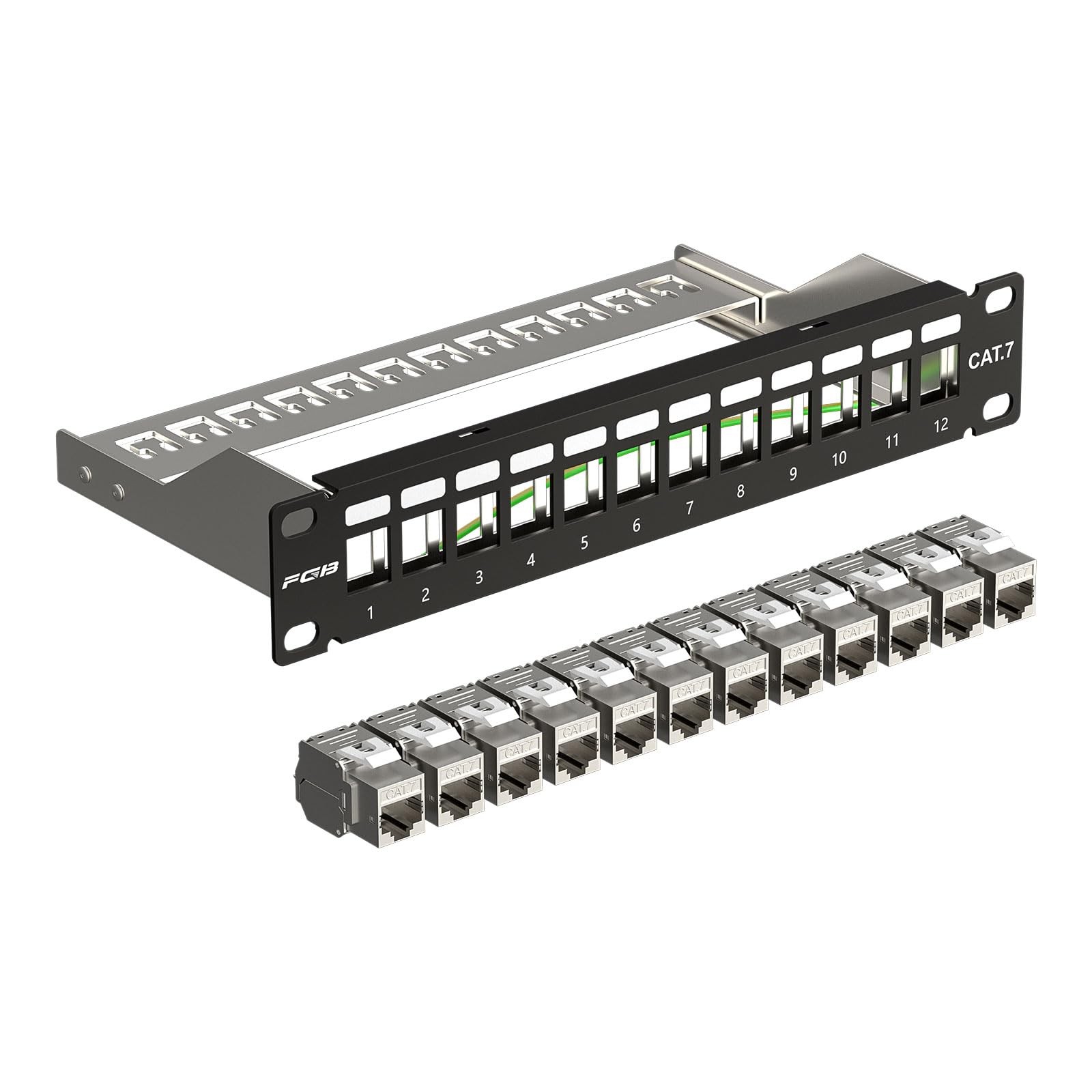 12 Port CAT7 Patch Panel with 12x Cat7 Keystone Modules, 1U, Black
