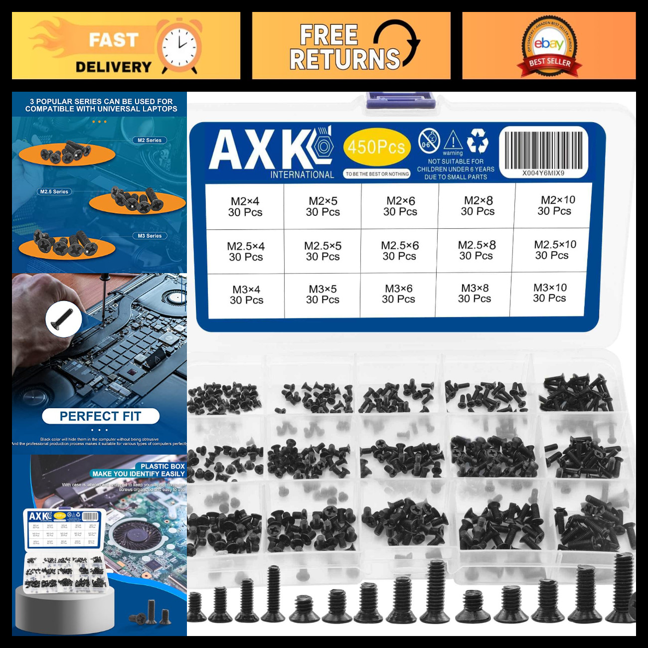 450PCS Laptop Screw Kit - M2 M2.5 M3 Flat Head Phillips Screws for Electronics R