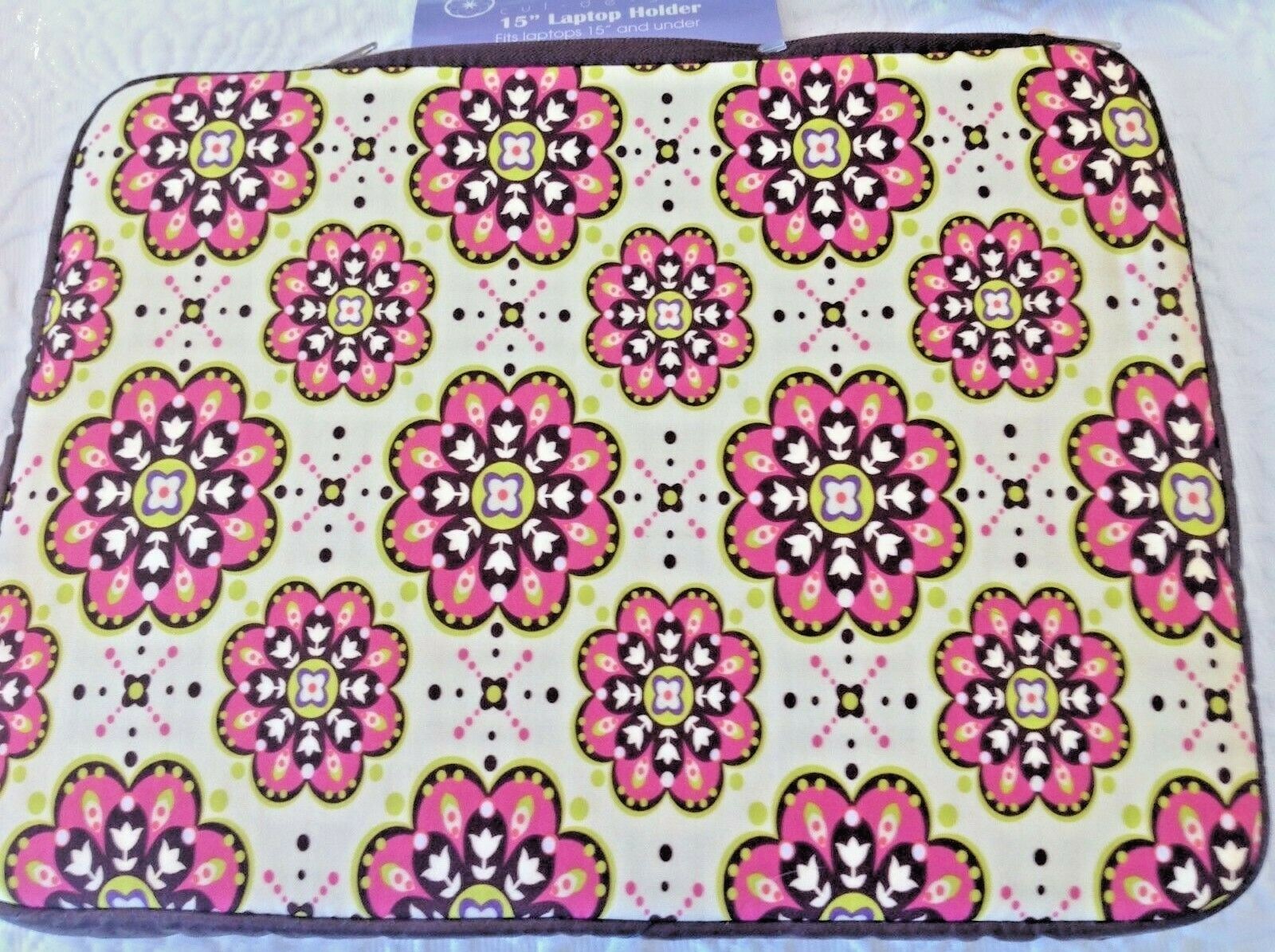 CUL-DE-SAC 15 INCH LAPTOP HOLDER CASE ZIPPER PINK GREEN FLOWERS 11 X 14 1/2 NWT
