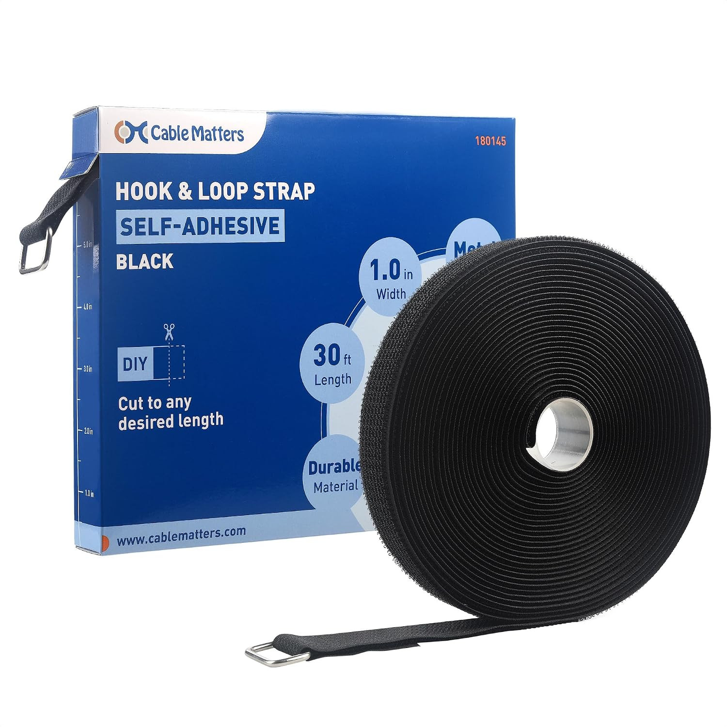 Hook and Loop Straps with Buckle, 30Ft Roll, 1 Inch, Black