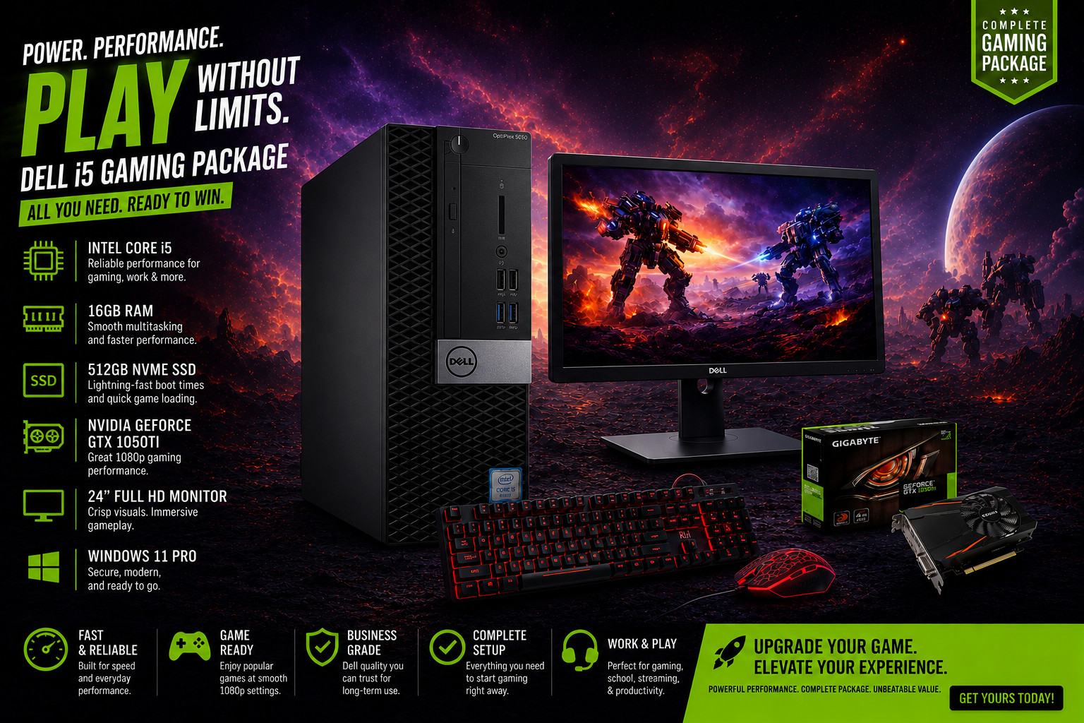 Dell i5 Gaming Desktop PC Computer NVME SSD Nvidia 1050Ti Win 11 16GB bundle