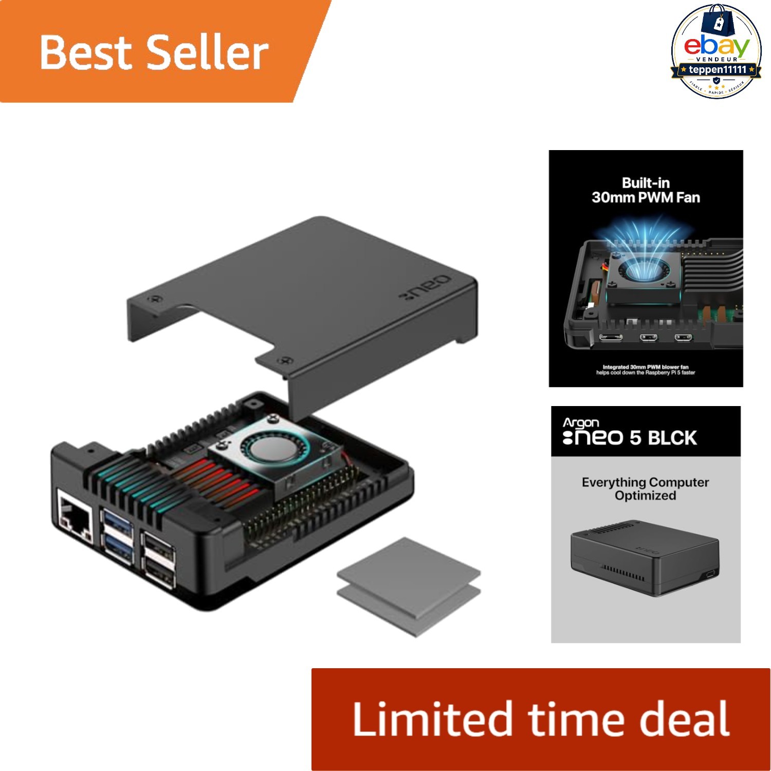 Argon NEO 5 Aluminum Case for Raspberry Pi 5 Built-in Fan Black