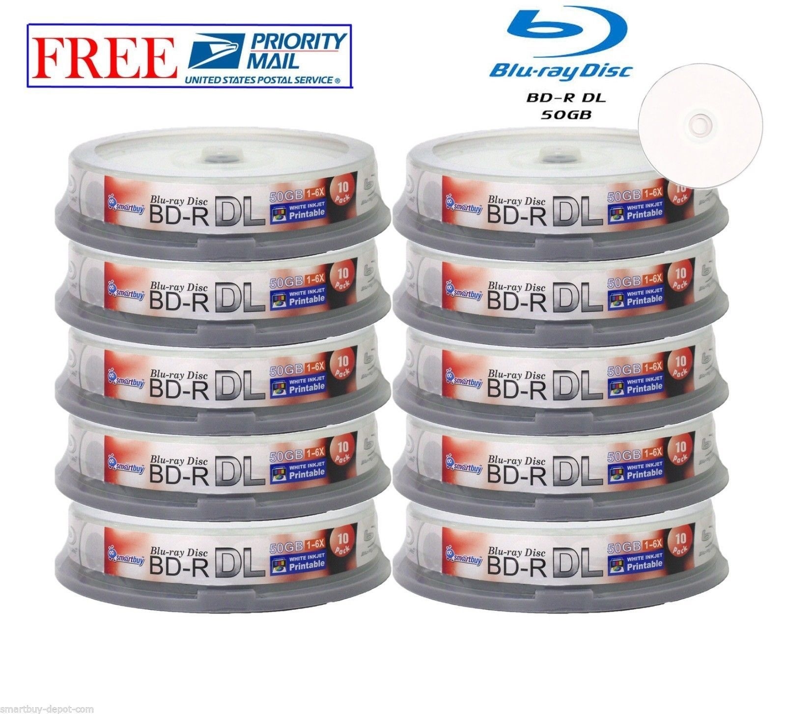 100 Pack SmartBuy Blu-ray BD-R BDR DL Dual Layer 6X 50GB Inkjet Printable Disc