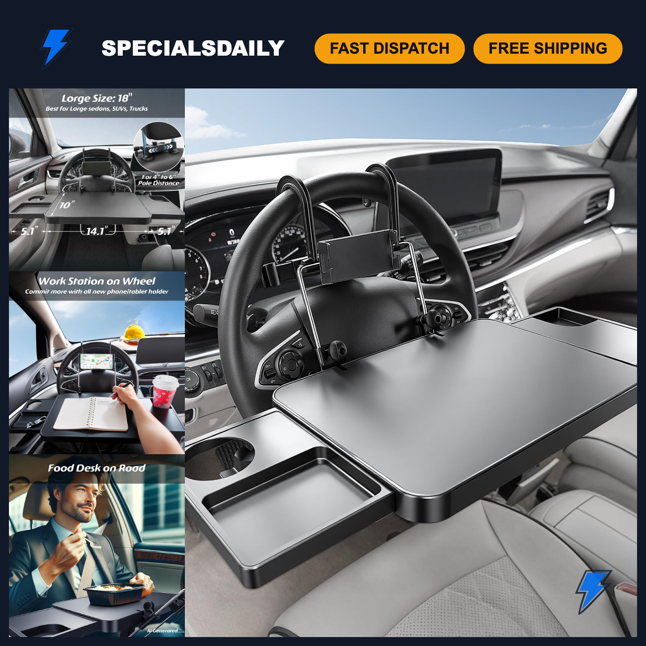 Large Car Steering Wheel Tray with Phone Holder - Back Seat Food Desk for SUVs,