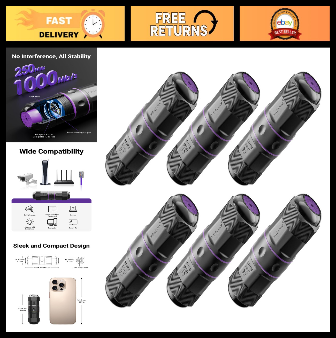 Waterproof CAT6 RJ45 Coupler IP68, PoE Support, 6-Pack, Purple, Network Connecto