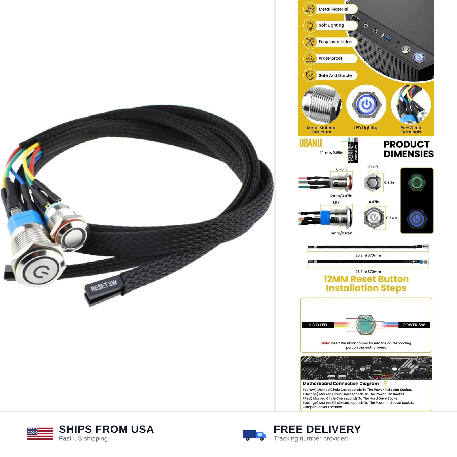 Chassis switches metal button 12mm 16mm PC desktop computer 4 pin ATX 220V