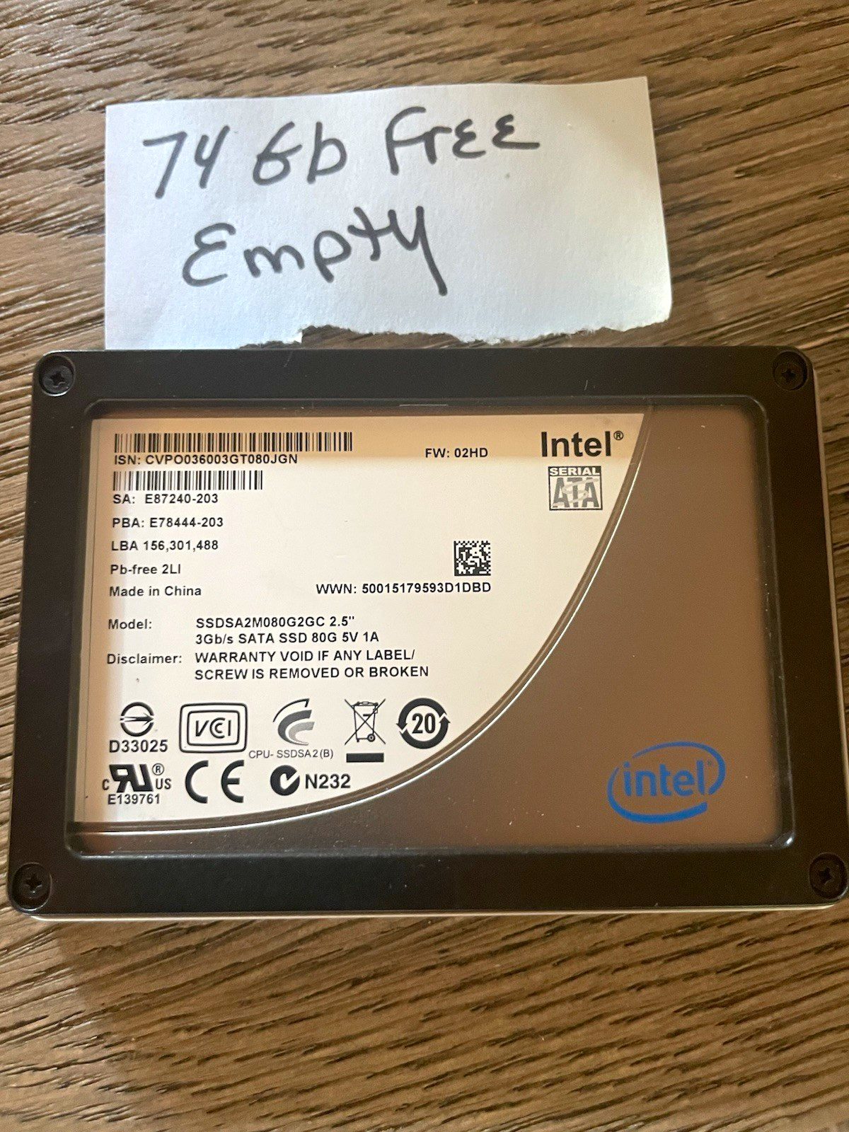 Intel X25-M 80GB 2.5" SATA SSD SSDSA2M080G2GC Gen 2 Wiped Working