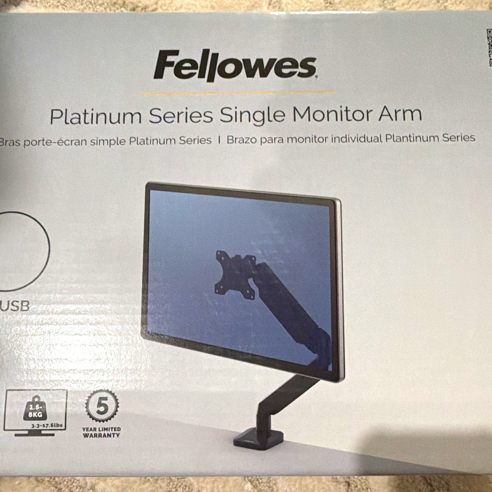 Fellowes Platinum Series Single Monitor Desk Mount Arm Tilt/Rotate 2x USB