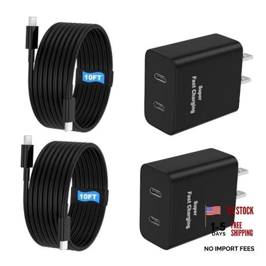 45W 2Pack Super Fast Charger USB C Dual Port Android Phone Charger 10ft Black