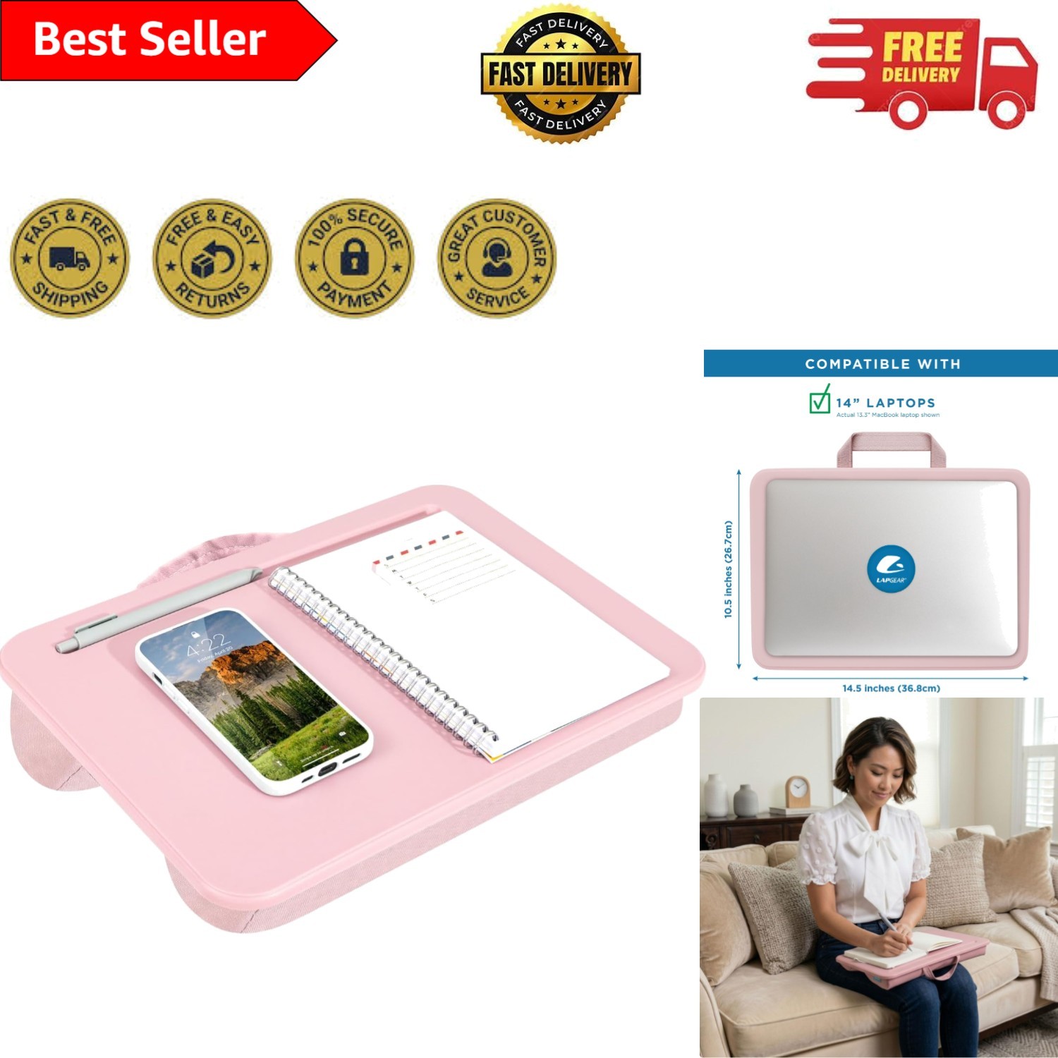 Stylish Compact Lap Desk for 14" Laptops with Built-in Pencil Tray – Rose Quartz