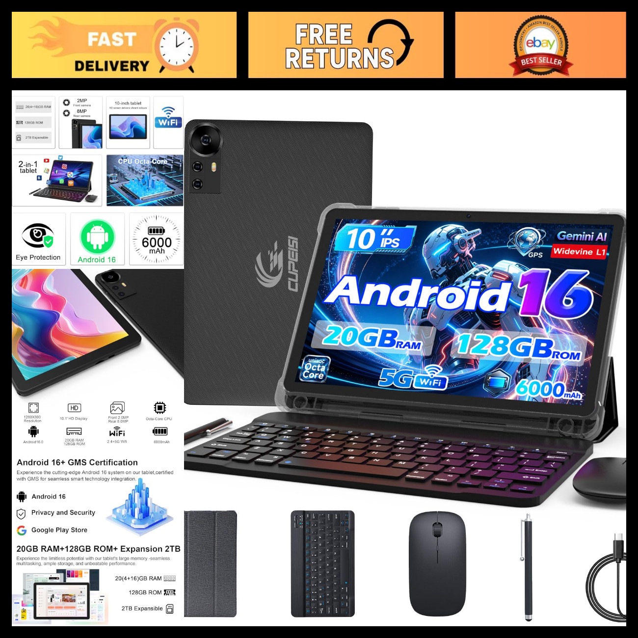 10" Android Tablet, 20GB RAM, 128GB Storage, 2TB Expandable, Octa-Core, HD Scree