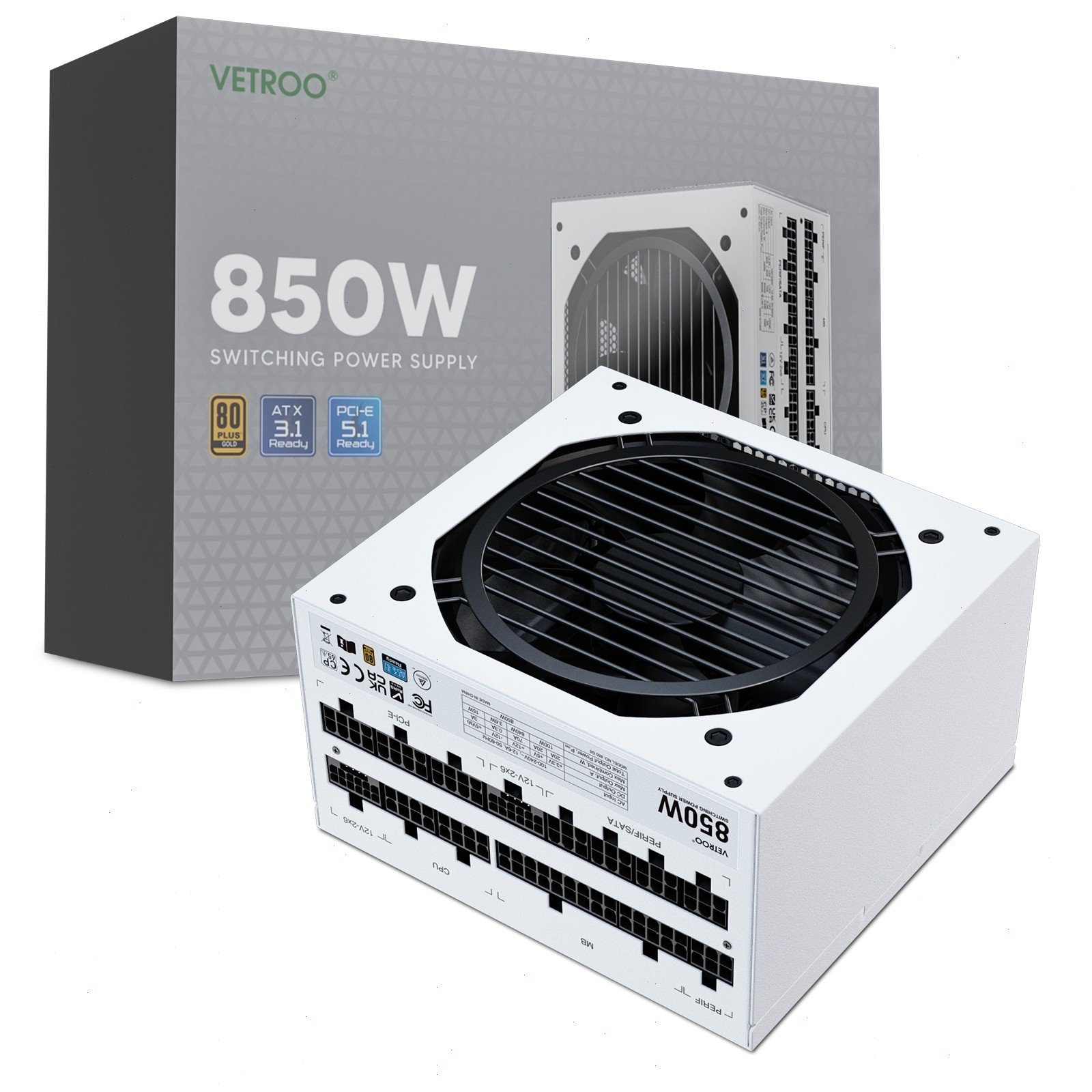 Vetroo 850W Full Modulal Power Supply PCIe 5.1 & ATX 3.1, 80 Plus Gold - White