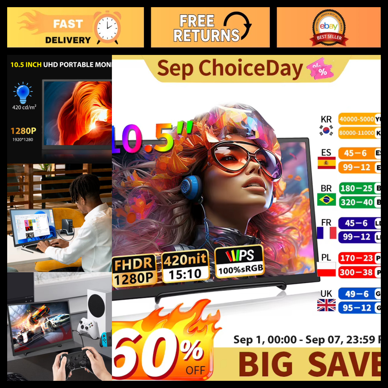 10.5" Portable Monitor 1280P 100% sRGB Dual Speakers Mini HDMI for Laptop PC PS4