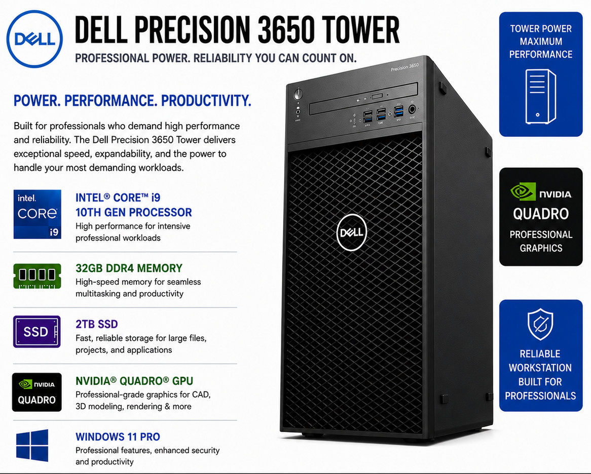 NEW Dell Precision 3650 Desktop PC Intel Core i9 32GB 2TB SSD Nvidia Quadro GPU