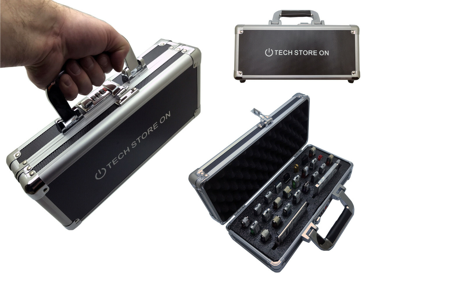 Aluminum USB Drive Organizer Case 24 USB + 2 HDD Slots with Handle Lock