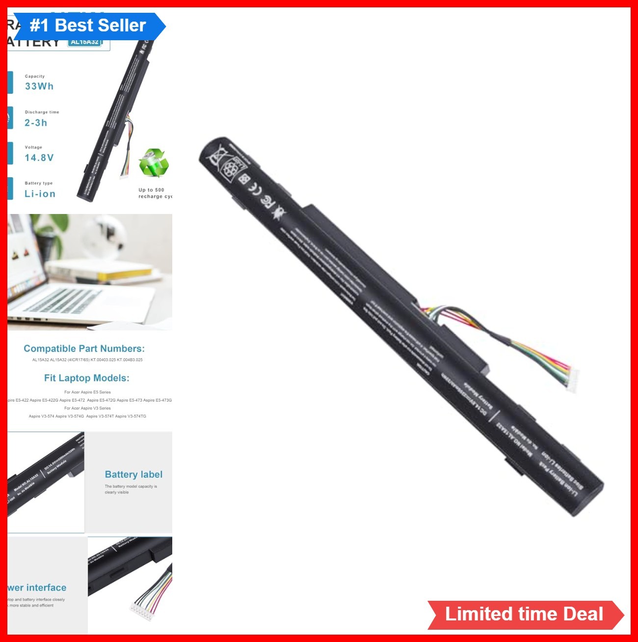 Laptop Battery 14.8V 33Wh 2200mAh 4 Cell Lithium Ion Rechargeable for Aspire