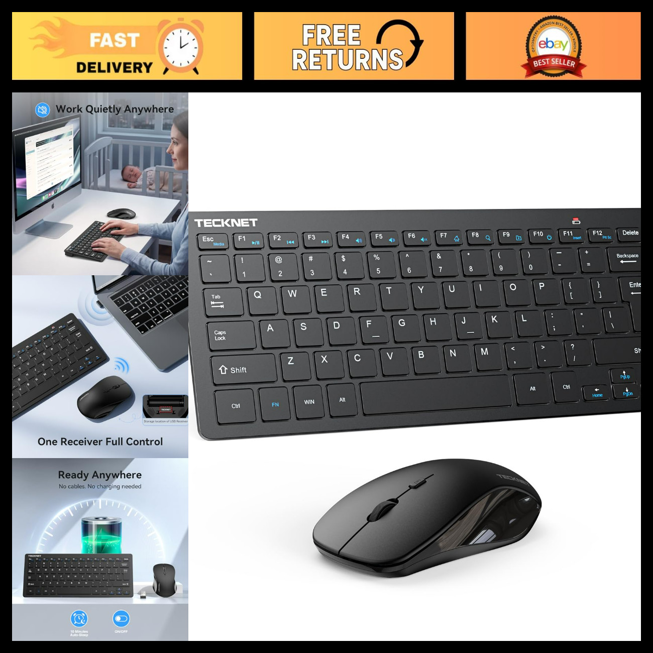Wireless Keyboard and Mouse Combo, 2.4G Mini Cordless Set, Silent Click, 1600 DP
