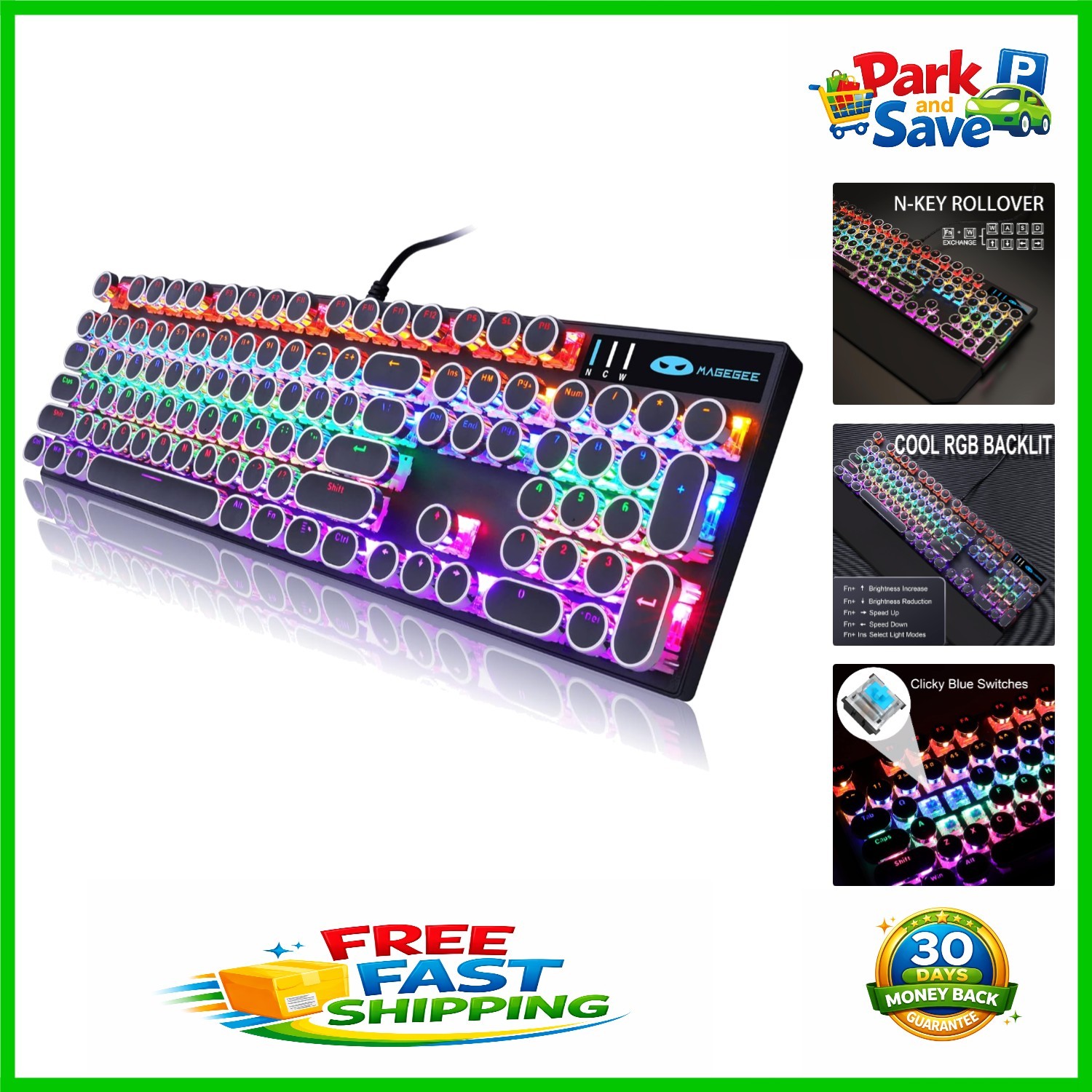 Chic Black Typewriter Style Gaming Keyboard with RGB Lighting - Wired 104 Keys