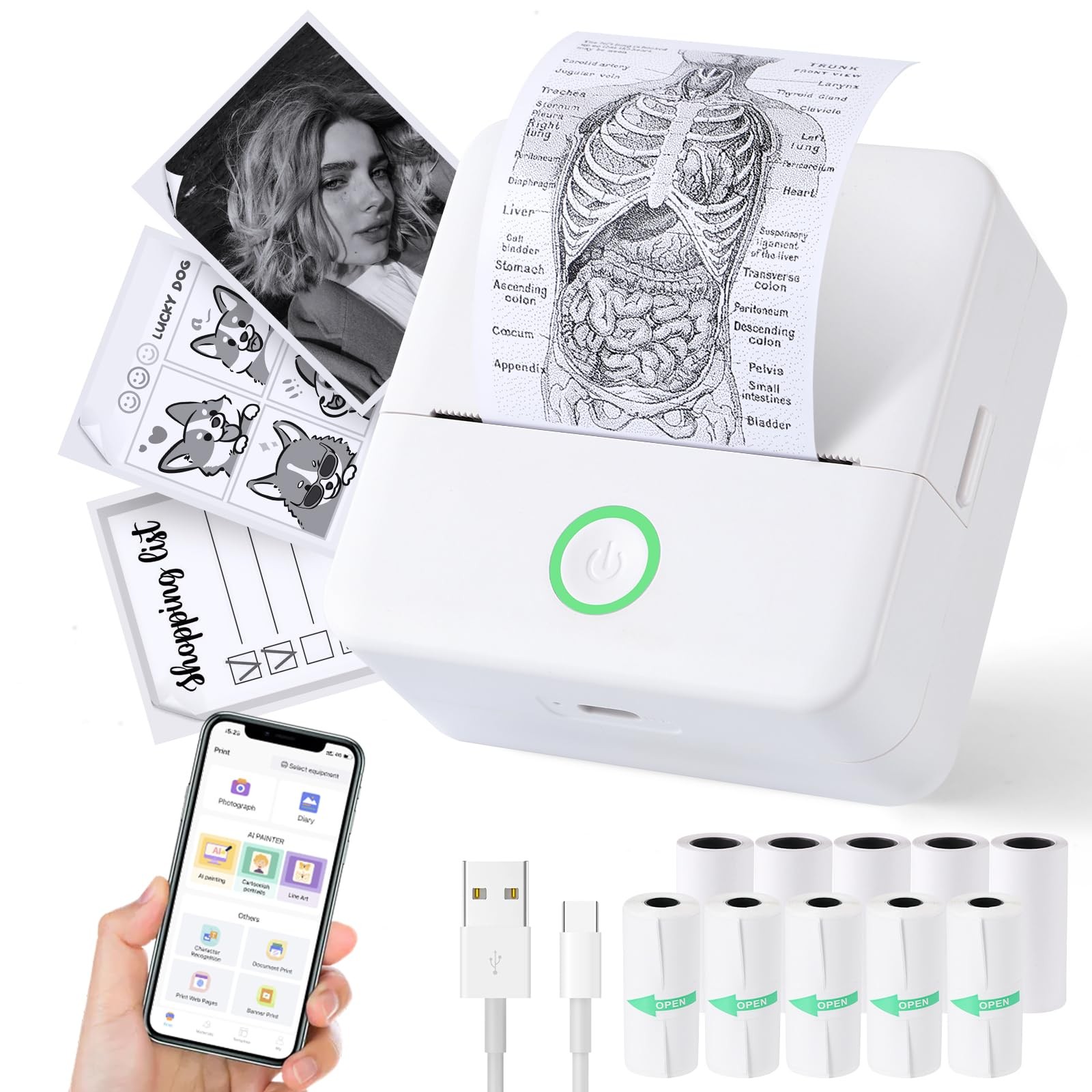 cudinham Mini Sticker Printer, X6 Print Pod with 10 Rolls Thermal Paper