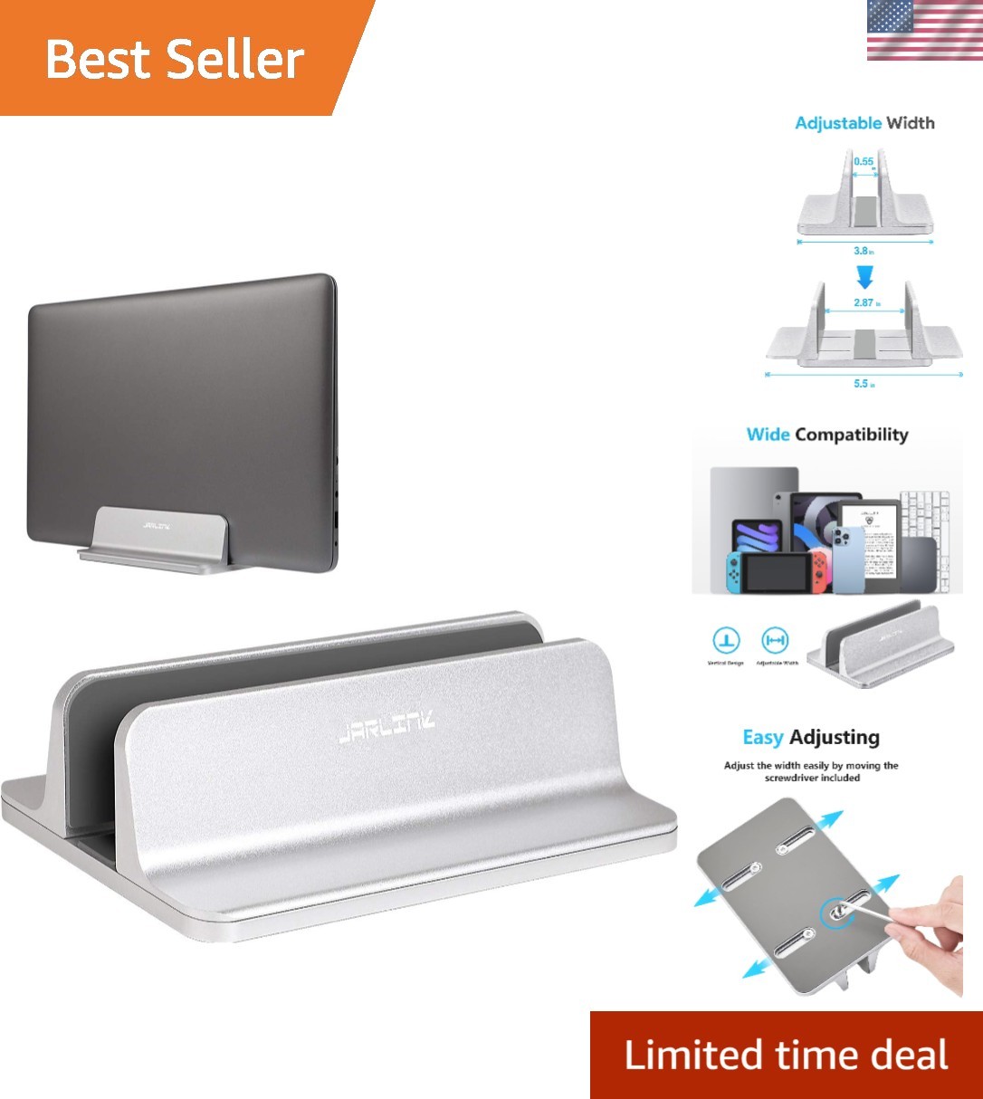 Vertical Laptop Stand, Adjustable Aluminum Desktop Holder, Silver