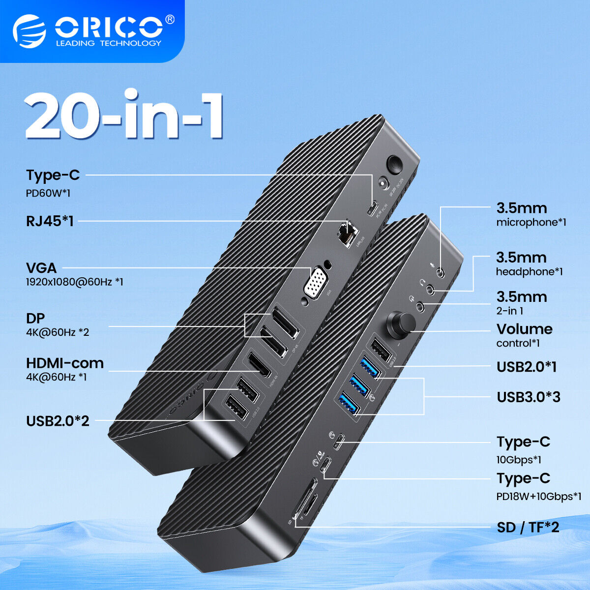 ORICO Laptop USB C Docking Station 20 in 1 USB 3.0 4*4K@60Hz HDMI Display VGA PD