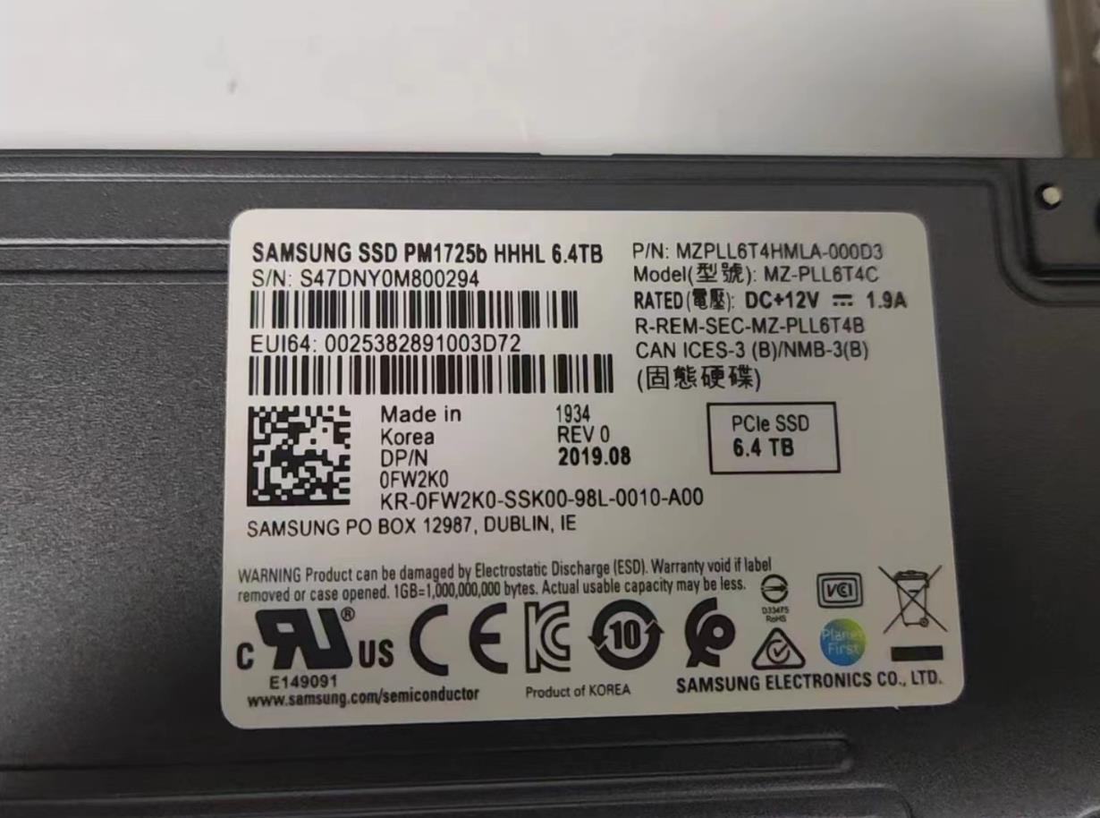 SAMSUNG PM1725B 6.4TB NVME SSD PCIE 3.0 HHHL AIC MZPLL6T4HMLA-000D3 MZ-PLL6T4B