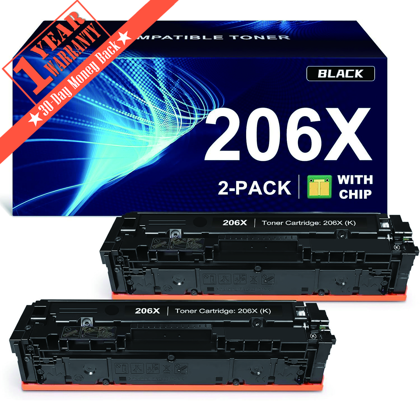 2PK 206X BK Toner Cartridge WIth Chip for HP 206X LaserJet Pro M283 M283fdw M255