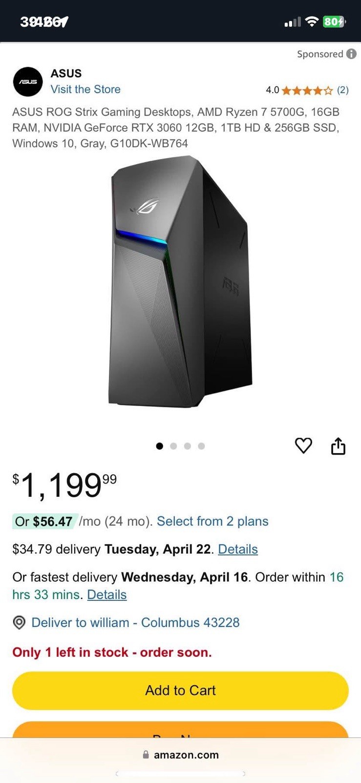 ASUS G10DK-WB764 ROG STRIX Ryzen 7 5700G 3.8GHz GeForce 3060 12GB - CASH $600
