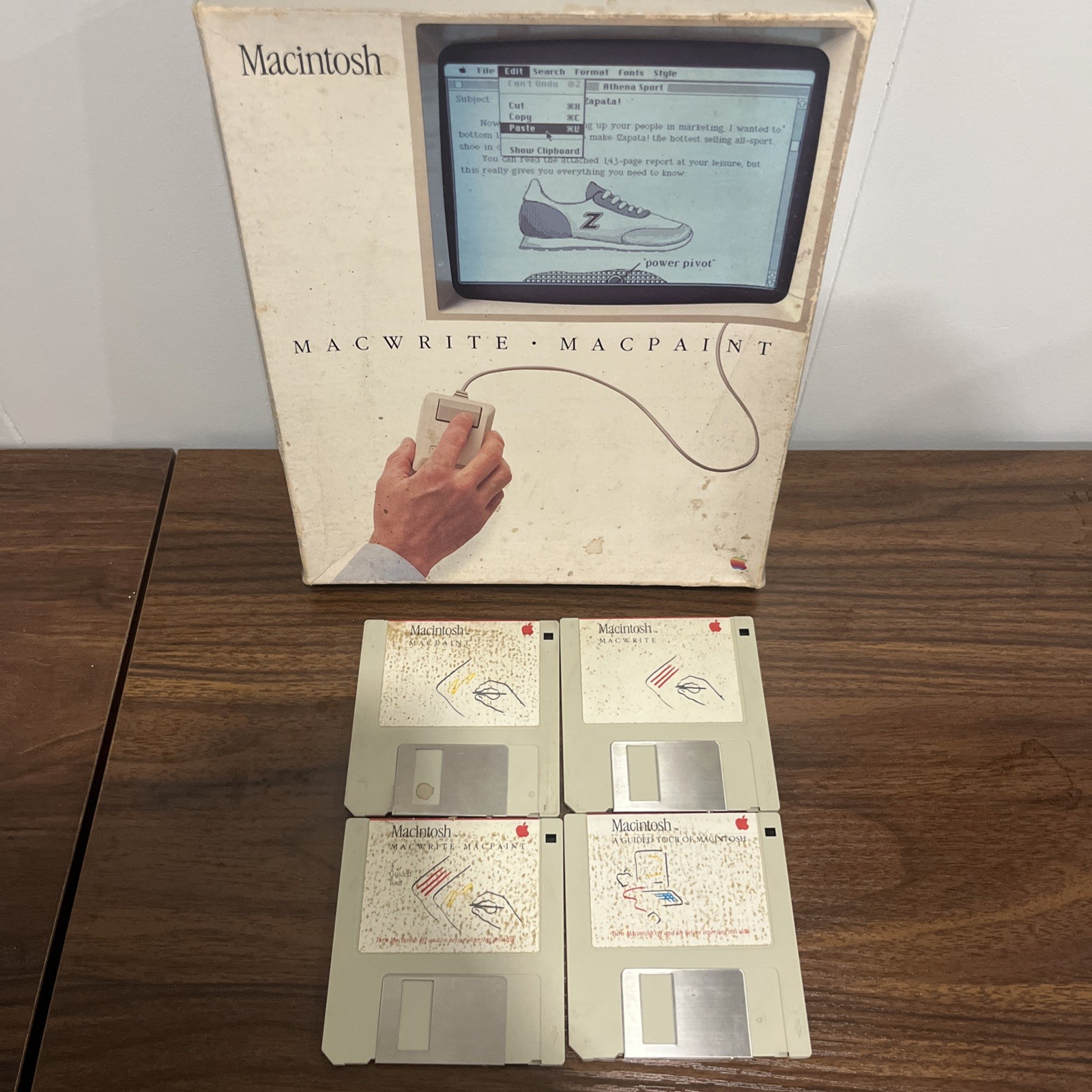 RARE 1984 Macintosh 3.5" Floppy Disk MacWrite MacPaint Guided Tour Box Untested