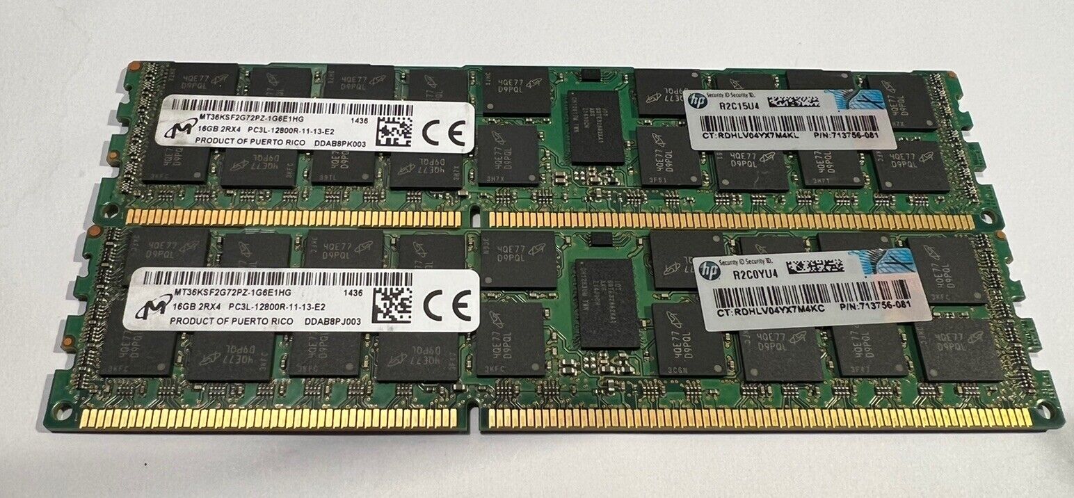 HP/Micron 32GB (2X16GB) 2RX4 PC3L-12800R MEMORY 713756-081 lot 2