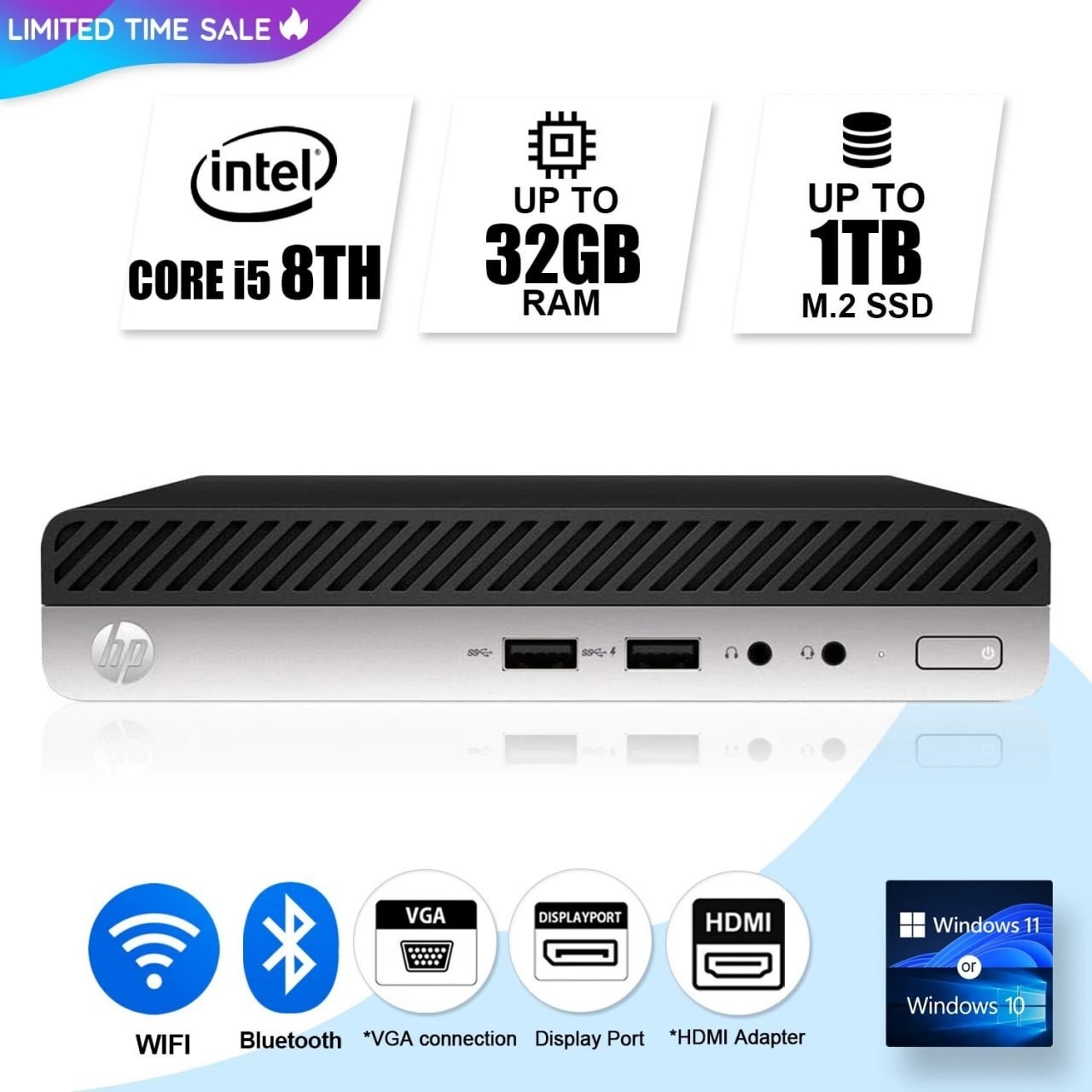 HP Mini Desktop Computer PC i5 8th, up to 32GB RAM 1TB SSD,  Windows 11/10, WiFi