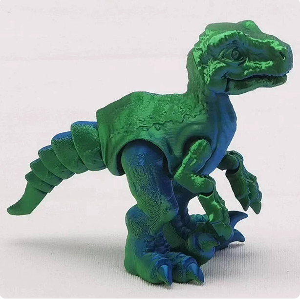 3D printed toy dinosaur Velociraptor in blue and green, size 12x5.5x10cm