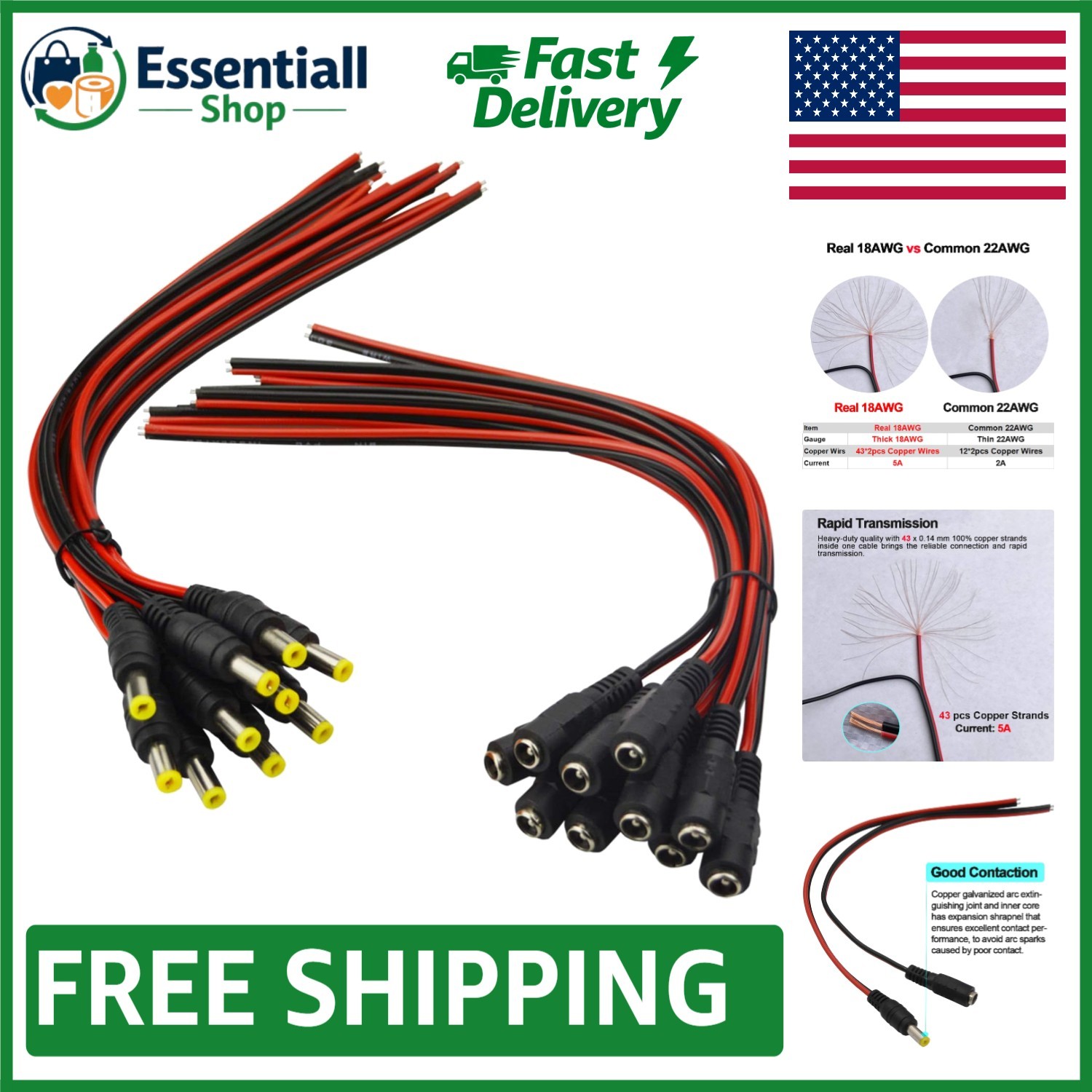 Heavy-Duty 10 Count 18AWG Male-Female DC Power Pigtail for Reliable Connections