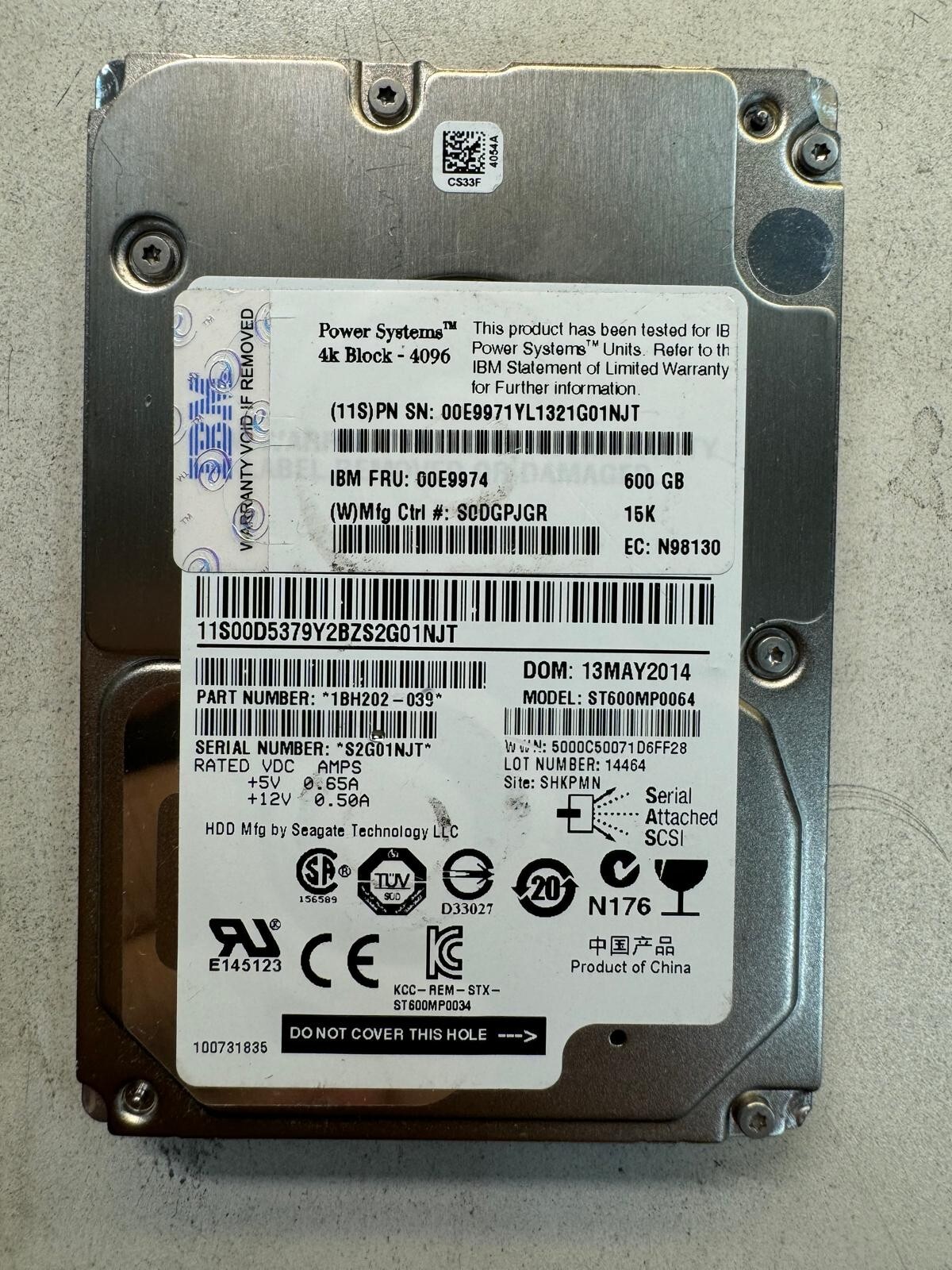 IBM 00E9974 00E9971 600GB 15K RPM 6Gb/s SAS SFF-3 4K Block 4096 2.5" HDD