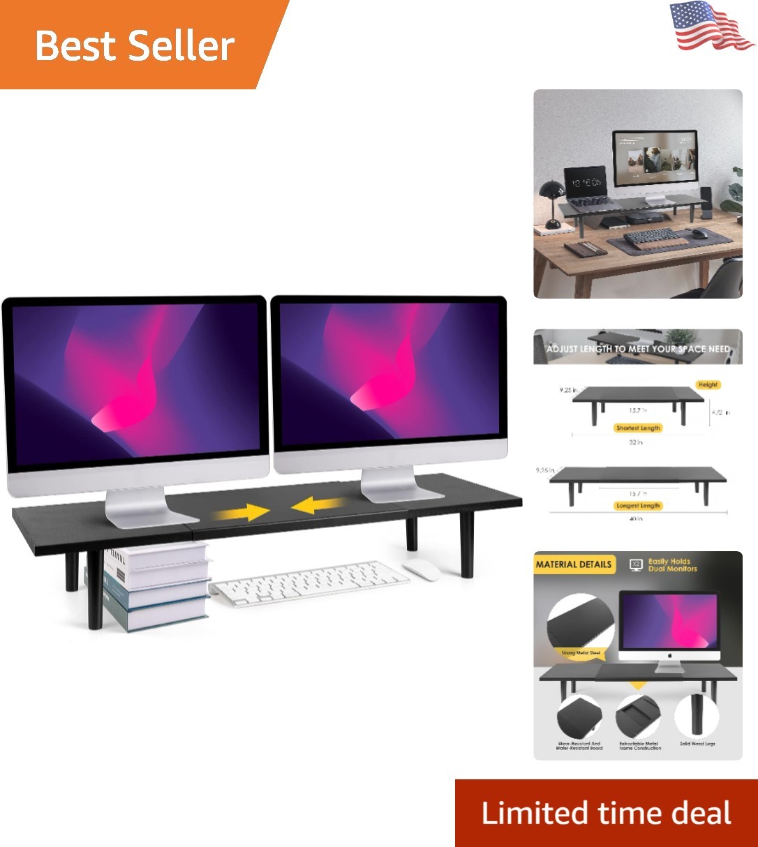 Elegant Dual-Monitor Stand Riser: Adjustable 32-40 Inch Width for Maximum Spa...