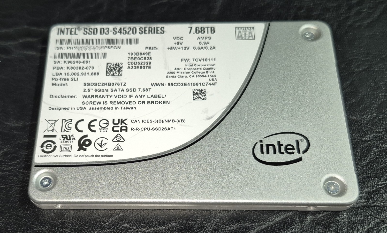 SSDSC2KB076TZ Intel SATA SSD D3-S4520 Series 7.68TB 2.5" 6G, NOB, 100% Health
