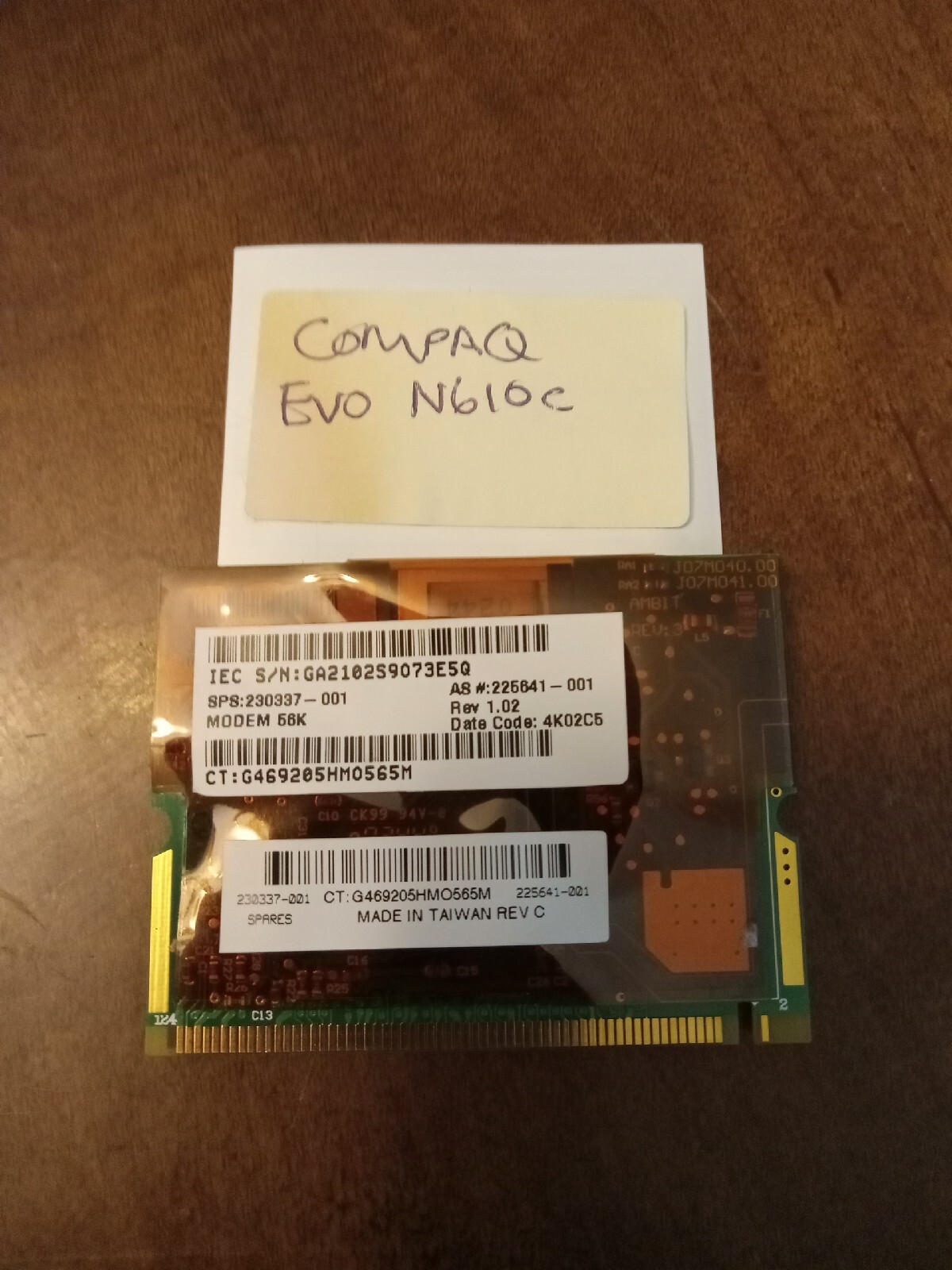 LAPTOP PART: Compaq Evo N610c Anatel Internal Modem 56K Model:SPS 230337-001