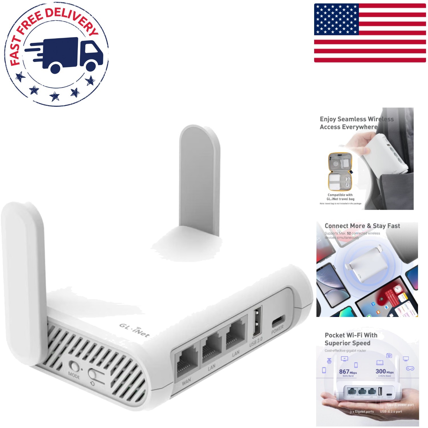 High-Speed Portable Wi-Fi Router - GL-Opal AC1200 with Retractable Antennas