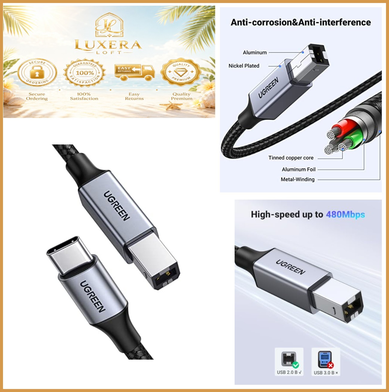 NEW USB C to USB B Cable 10FT Nylon Braided for Printer MIDI Devices 480Mbps