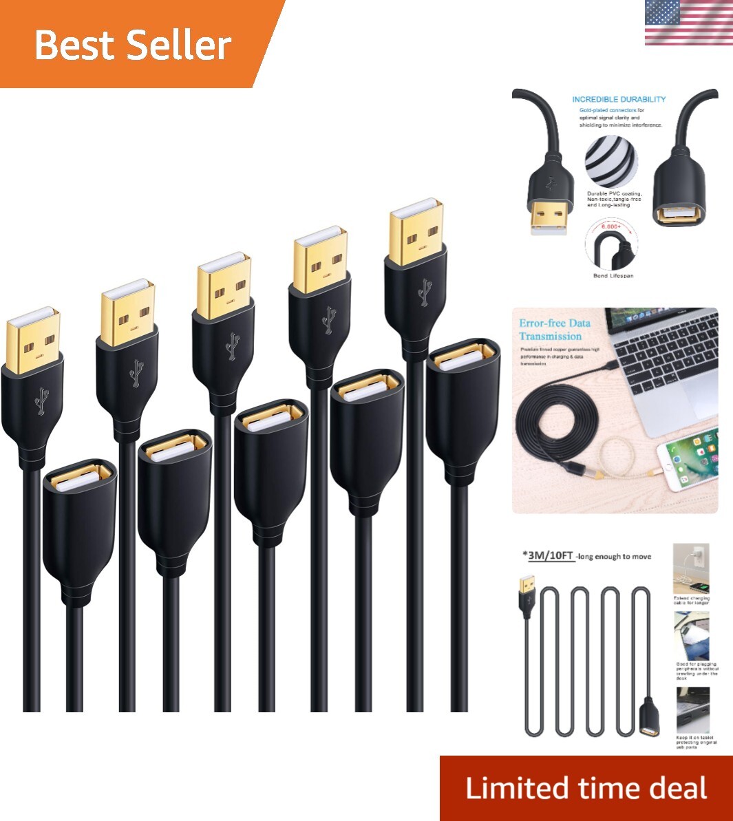 Eco-Friendly 5-Pack 10ft USB 2.0 Extender Cords - Max Data Transfer & Durability