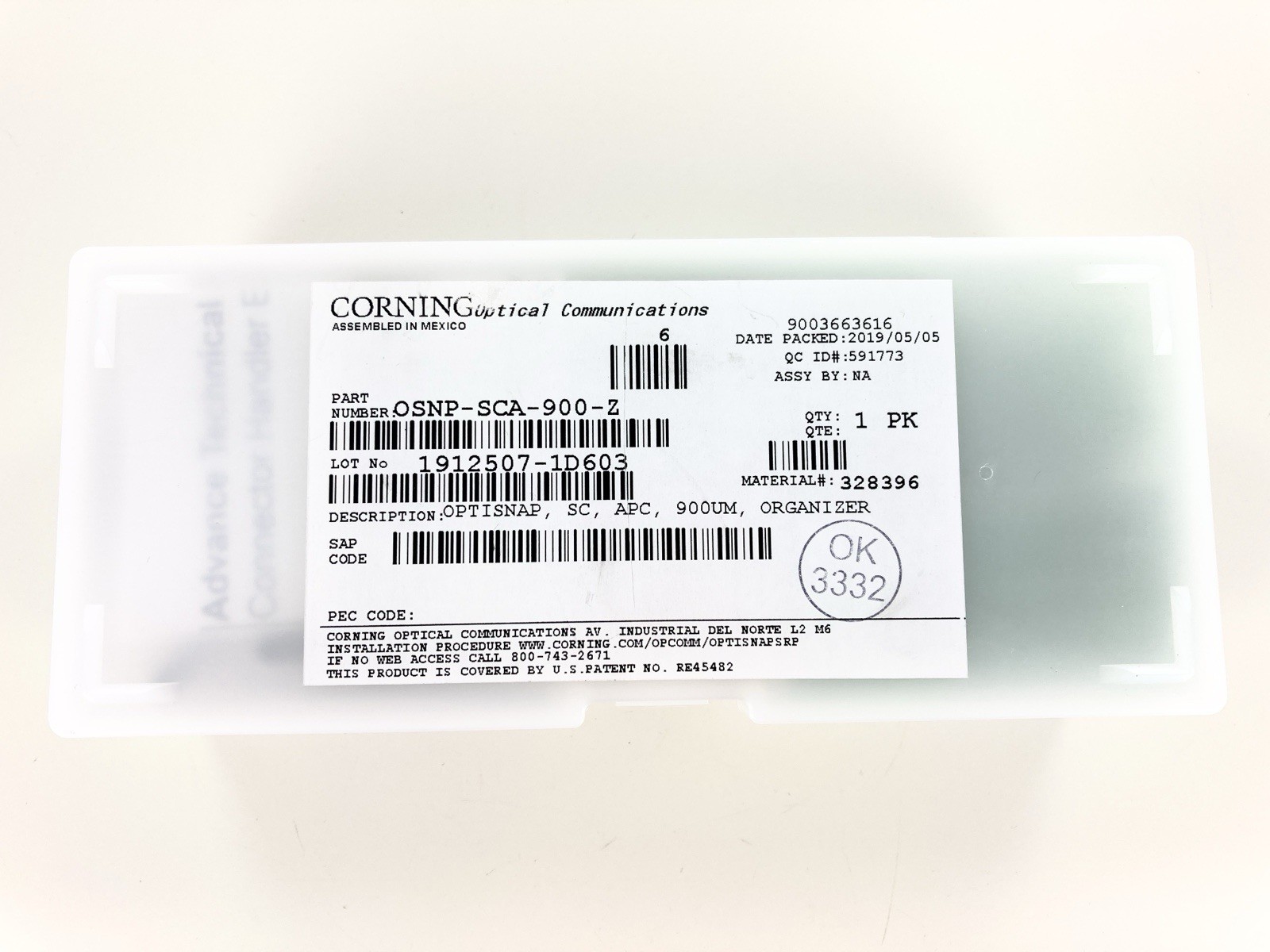 2019 -Corning OSNP-SCA-900-Z Fiber Optic Connector 900 um SC SM OS2 APC, 25 Pack