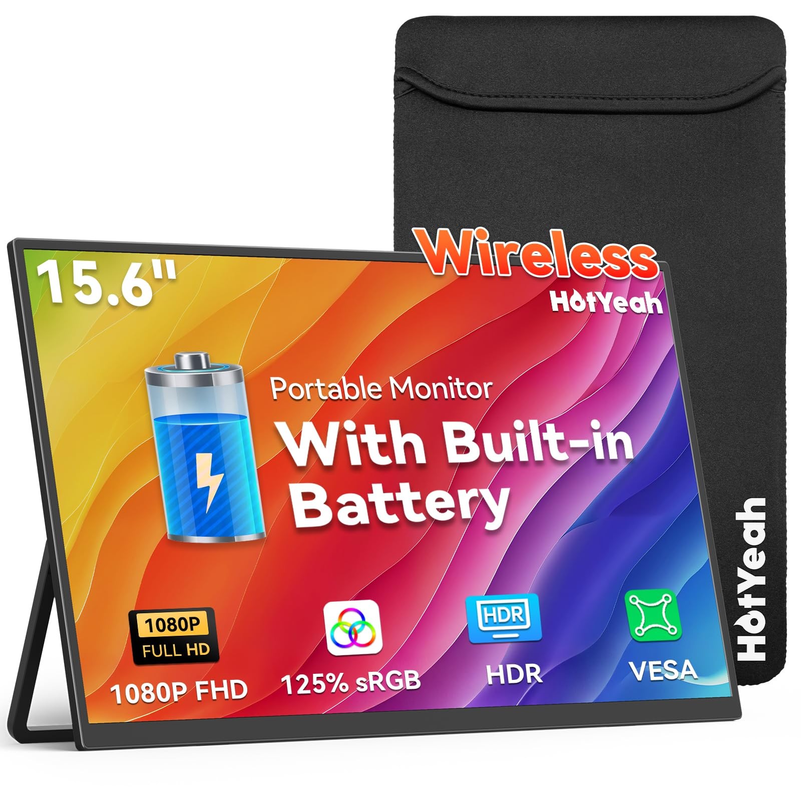 15.6" Wireless Portable Monitor Battery-Powered, Support AirPlay Miracast |