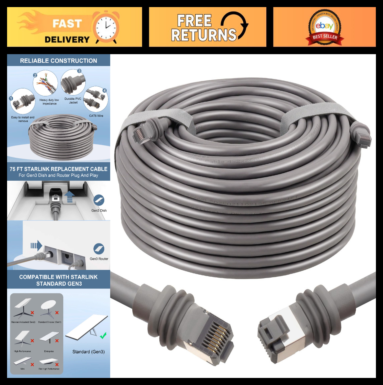 75FT Starlink Gen 3 Cable for Starlink Standard Generation 3