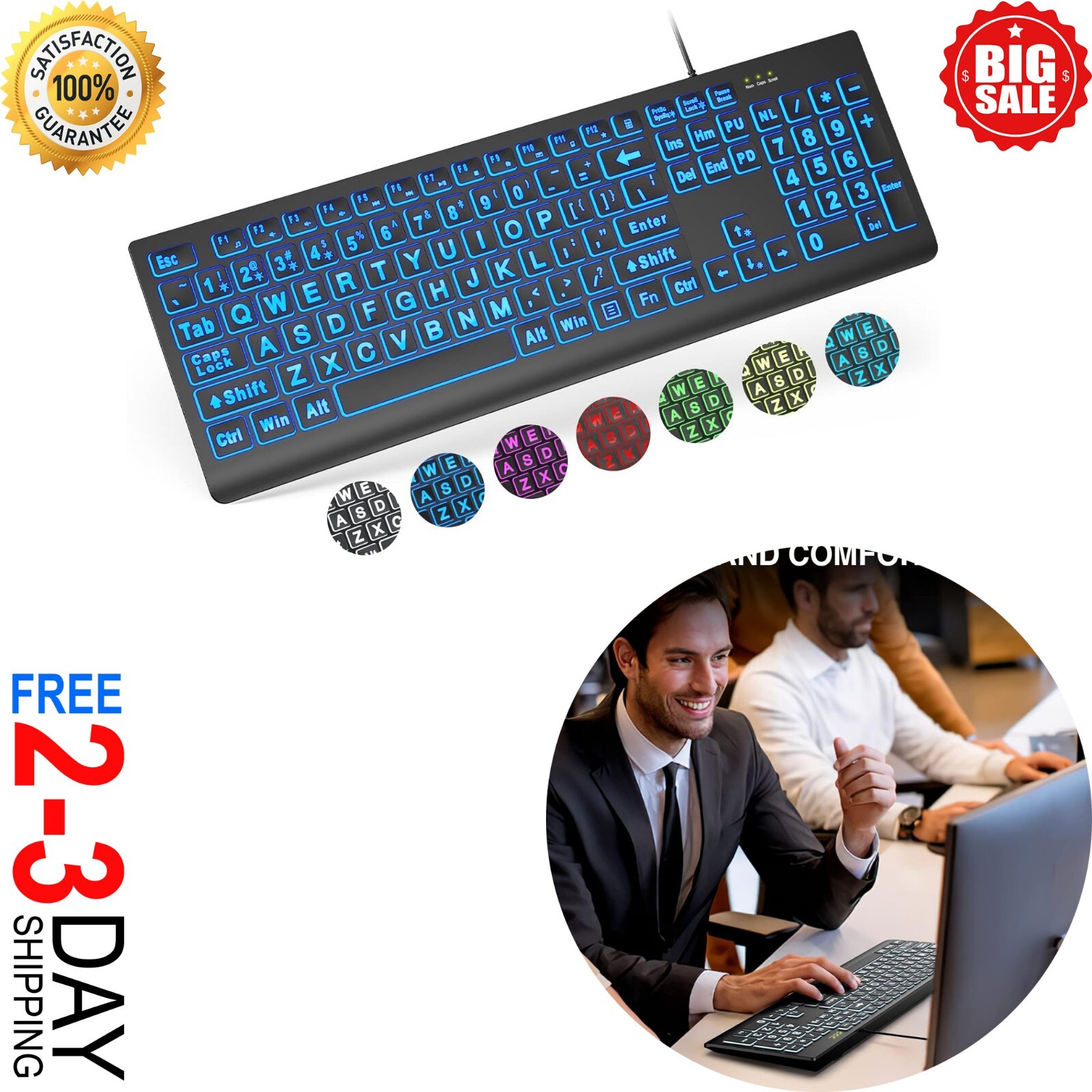 Large Print Backlit Keyboard, Wired USB Lighted Computer Keyboards with 7-Color