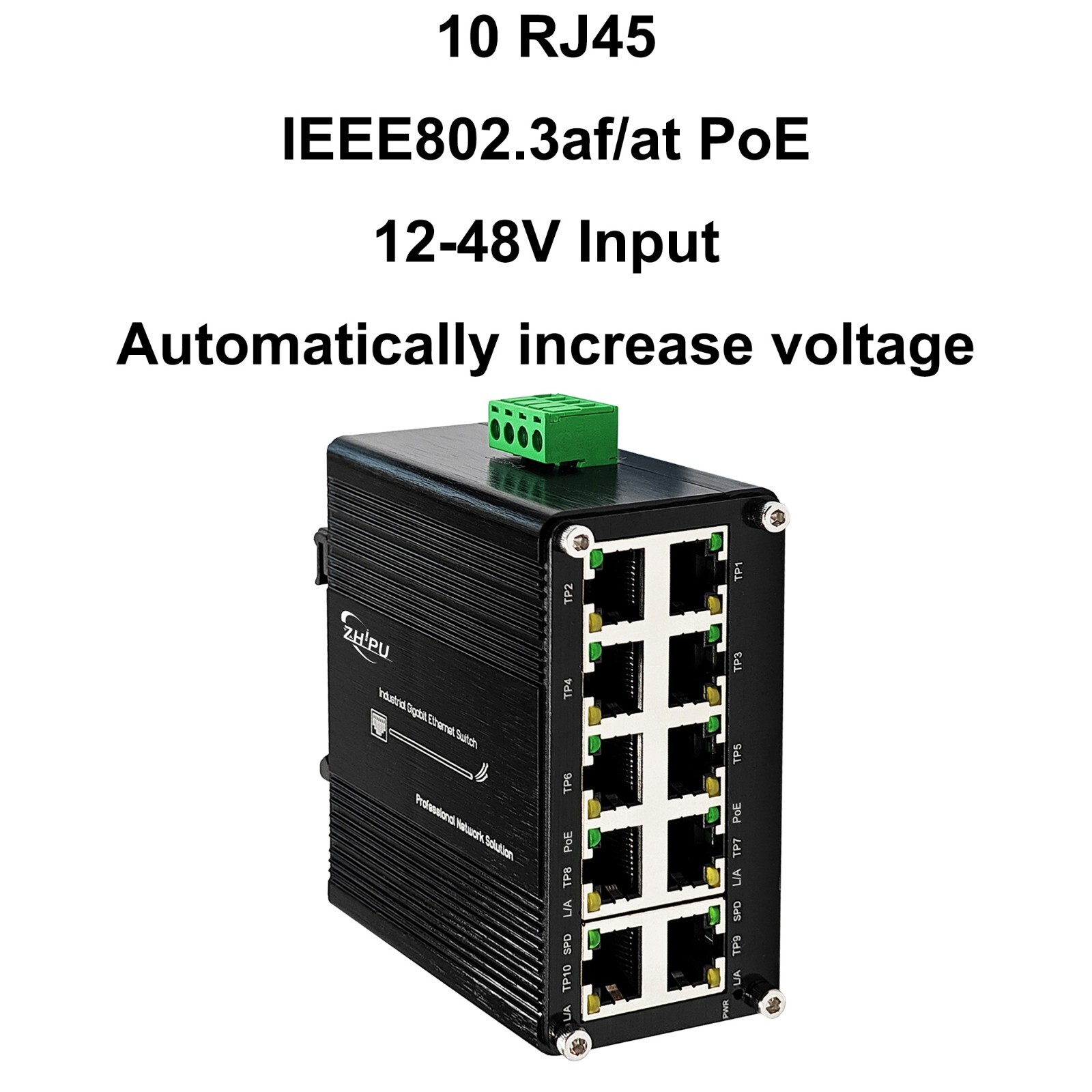 Mini Industrial 10 RJ45 Ports Gigabit Ethernet PoE Switch with 12V/24V/48V Input